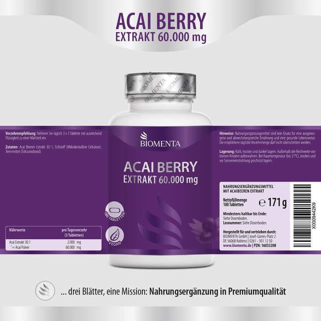 Thumbnail 2 de BIOMENTA Acai Beeren 60.000 mg Tabletten đ