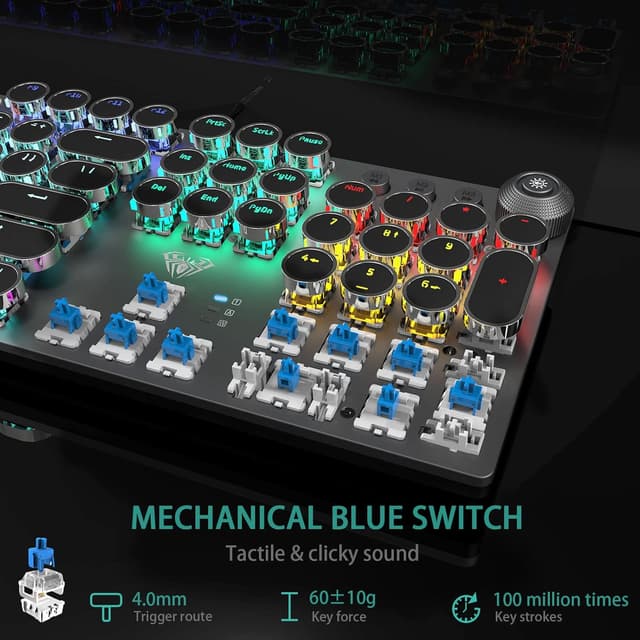 Detalle de AULA F2088 Typewriter-Style Mechanical Gaming Keyboard with Blue Switches, Media Knob & Removable Wrist Rest (108-key wired, black)