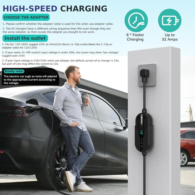 Detalle de AIMILER Level 2 Tesla Charger (WiFi App, 32A) with NACS Connector + 25ft ETL-Certified Cable, NEMA 14-50P