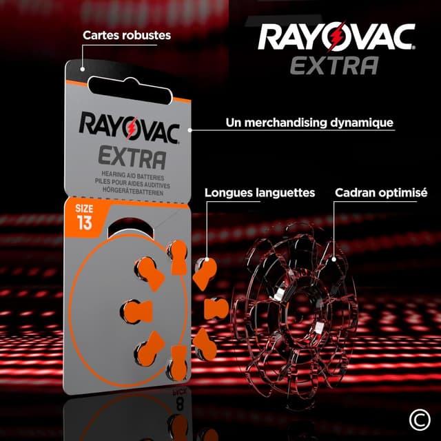 Detalle de Piles Rayovac Extra Size 13 pour appareils auditifs : 64 piles zinc-air sans mercure (8 blisters)
