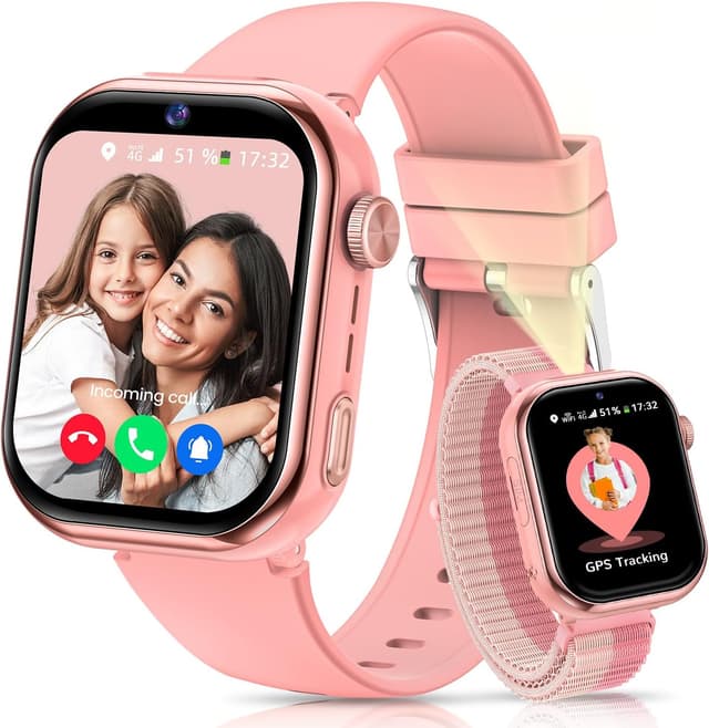 Detalle de Montre connectée enfant GPS 4G whraills avec appels vidéo, mode école et SOS (IP68) – Rose