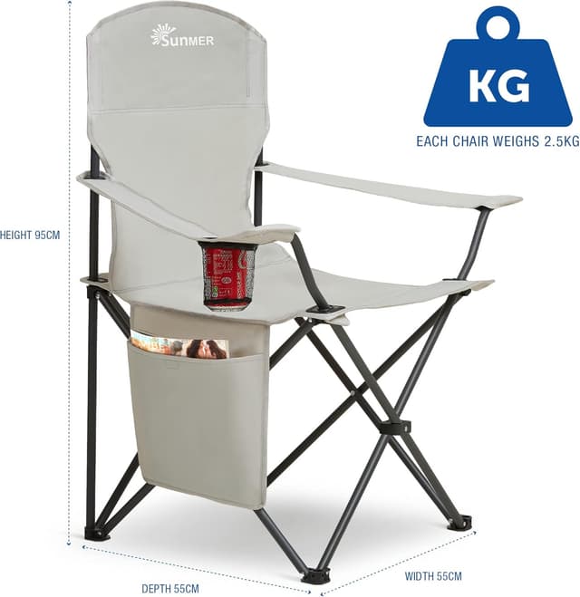 Detalle de SUNMER Folding Camping Chairs (Set of 2) – Extra-Wide Lightweight Outdoor Chairs with Armrests, Cup Holder & Pocket – Grey