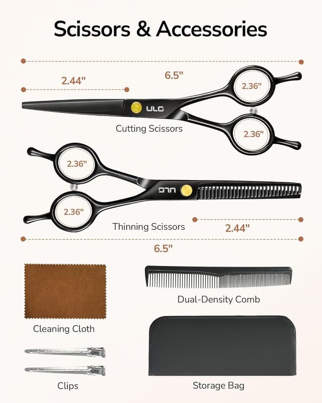 Detalle de ULG Professional Hair Cutting Scissors Set (16.5 cm) with Thinning Shears, Comb, Clips & Case – at-home salon haircut kit