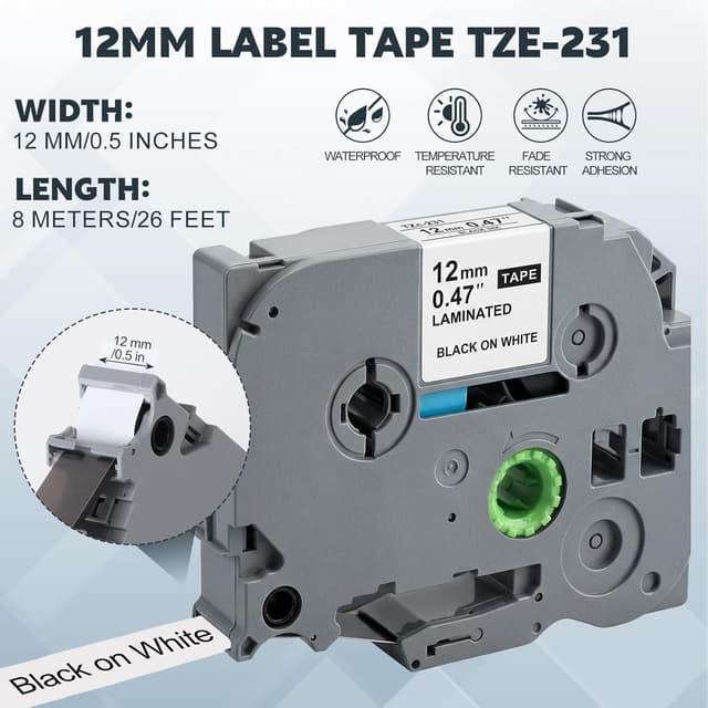 Detalle 2 de 4 Rollen TZe-231 Etikettenband (12 mm) kompatibel mit Brother P‑Touch – Schwarz auf Weiß