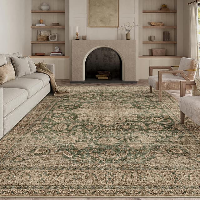 Detalle de HUGEAR Vintage Style Green Large Area Rug (240x300cm) with Non-Slip TPR Backing