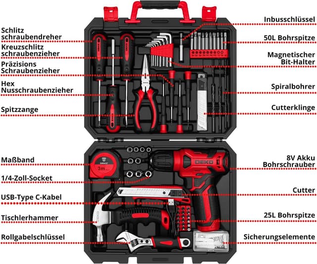 Detalle 2 de DEKO Werkzeugkoffer-Set mit Akkuschrauber (8V) und LED – bestückt, 126-teilig
