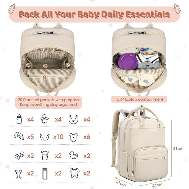 Detalle 2 de RAINSMORE Baby Wickelrucksack Groß – 3-teiliges Wickelset mit Kinderwagengurten, Wickelunterlage und wasserdichten Fächern (Aprikose)