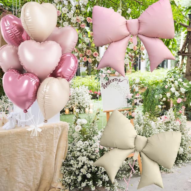 Thumbnail 6 de FunHot Pink White Heart Balloons & Cream Bow Foil Set (10 Pieces) for Birthdays, Valentine’s, and Weddings