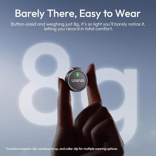 Detalle 2 de ULANZI A21 kabelloses Lavalier-Mikrofon-Set (2 Sender) für iPhone, Android & Vlog – Magnetdesign, 100 m Reichweite