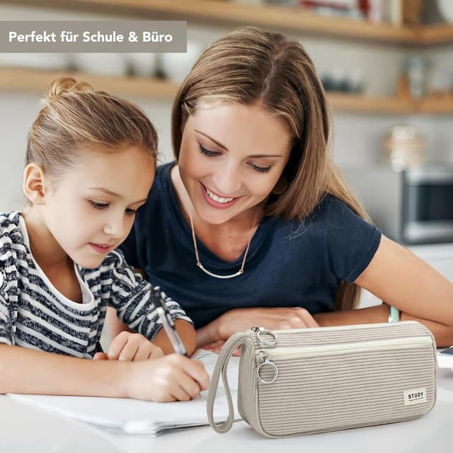 Detalle de KALIDI Corduroy Large Pencil Case (21cm) with Hand Strap and 2 Compartments