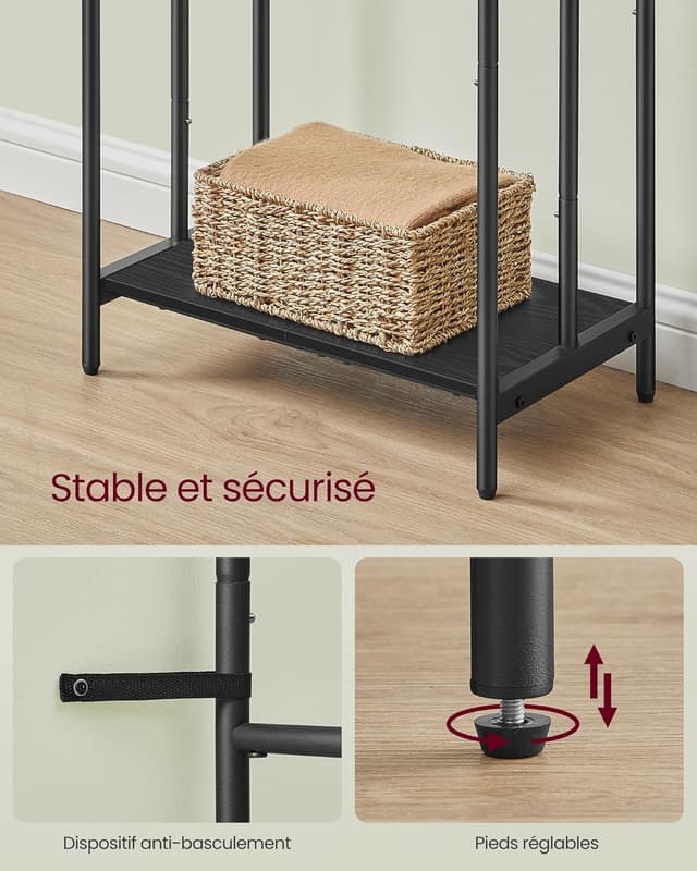 Detalle 2 de VASAGLE LLS009B01 Porte-serviettes sur pied avec 3 barres et étagère de rangement pour salle de bain