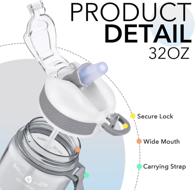 Detalle de Hyeta 32oz Water Bottle With Straw (Leak-Proof) and Time Markings