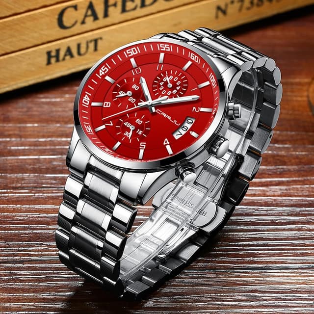 Detalle de CRRJU Herren Chronographen-Uhr mit Quarzwerk, 30 m wasserdichtem Edelstahlarmband und Kalender