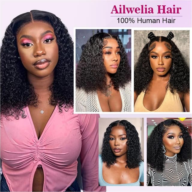 Thumbnail 6 de Ailwelia Curly Bob Wig (Human Hair Deep Wave) 5x5 HD Lace Glueless, 200% Density, 14 Inch