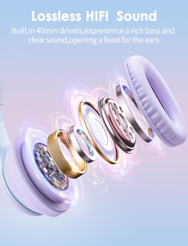 Detalle de Cat Ear Bluetooth Headphones with LED Lights – Wireless over-ear headset with microphone, 55H playtime