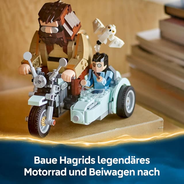 Detalle de LEGO Harry Potter 76443 „Hagrids und Harrys Motorradtour“ mit Motorrad, Beiwagen & Eule Hedwig