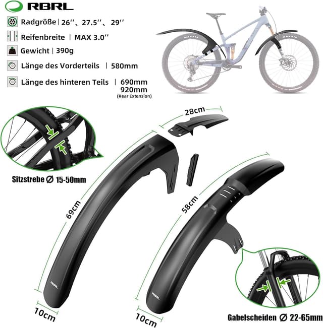 Detalle 2 de RBRL Fahrrad-Schutzblech-Set vorne & hinten für MTB-Reifen (27,5/29 Zoll, bis 3,0")