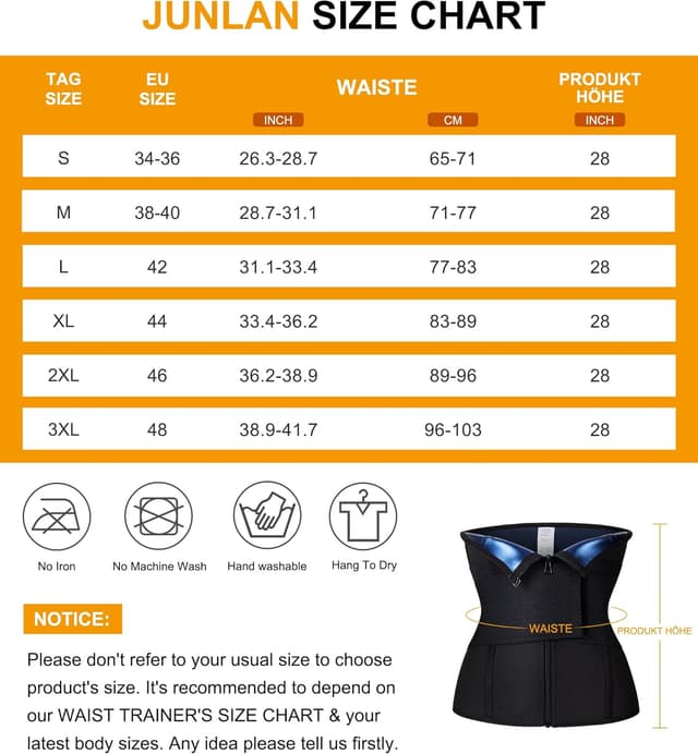 Detalle 2 de Junlan Waist Trainer da donna con chiusura lampo e supporto posteriore per sudorazione