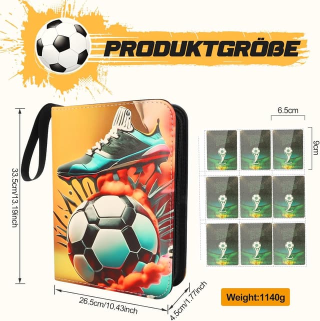 Detalle de Fussball Sammelalbum mit 50 Seiten & 900 Kartenkapazität – Karten-Ordner/ Aufbewahrungstasche für Fußballkarten