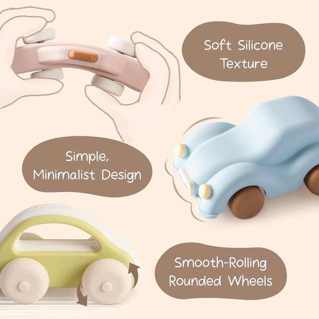 Detalle 2 de Moonkie Roll & Go Auto Spielzeug-Set (3er Pack) aus Silikon, BPA-frei – für Babys ab 6 Monaten