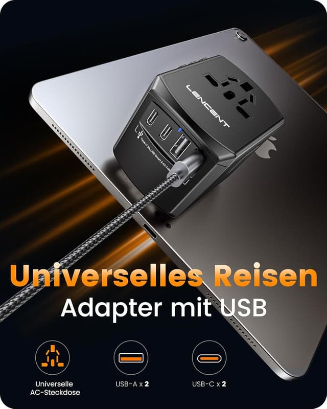Detalle de LENCENT Reiseadapter weltweit mit 2 USB‑A und 2 USB‑C 🔌