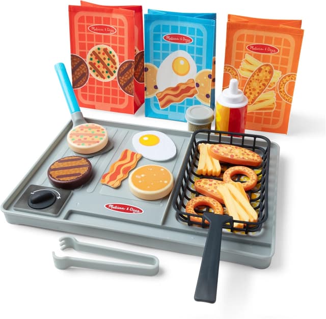 Detalle de Melissa & Doug Water Wow – Grill et Friteuse 27 pièces, jeu de cuisine en bois à aliments changeant de couleur