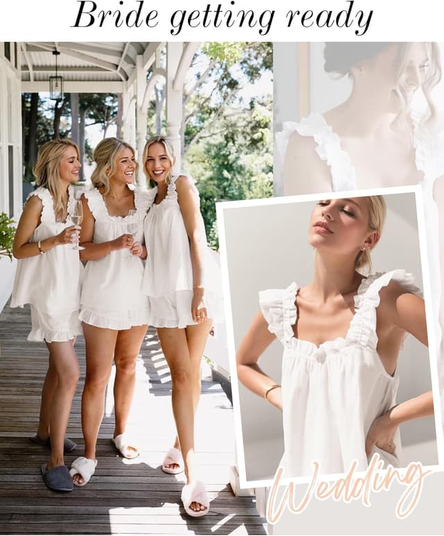 Detalle de KFUBUO 2-Piece Bridal Pajama Set for Women: Soft Ruffled Tank Top & Lace-Trim Shorts