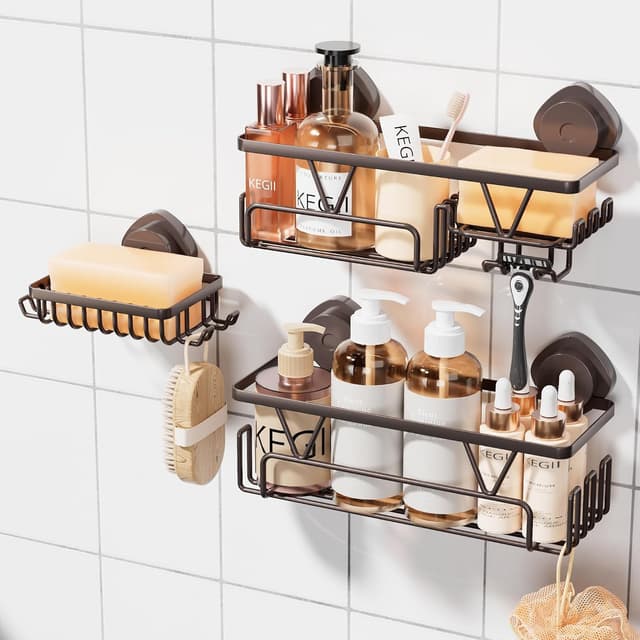 Detalle de KEGII Suction Cup Shower Caddy (3-piece) with Soap Dish, Hooks and Bronze Finish