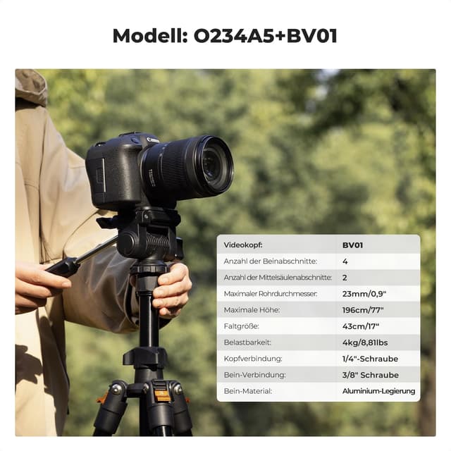 Detalle 2 de K&F CONCEPT 196 cm Kamera-Stativ O234A5+BV01 mit 3-Wege-Kopf und Handyhalterung