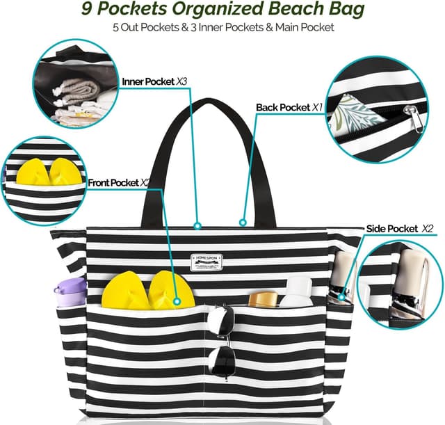 Thumbnail 6 de HOMESPON Large Waterproof Beach Tote Bag (Zip, Pockets, Foldable) – Black and White Stripes