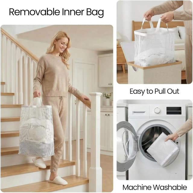 Detalle de efluky Slim Laundry Basket with Lid (Removable Bag) — Narrow 75L Hamper for Tight Spaces