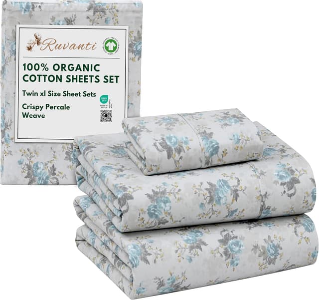 Detalle de RUVANTI 100% Organic Cotton Percale Sheets (Twin XL) – GOTS Certified 3-Piece Set, Deep Pocket 15”