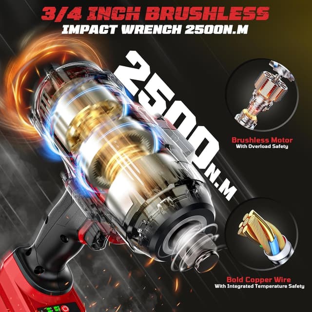 Detalle de Cerycose 3/4 in Cordless Impact Wrench (Milwaukee 18V Compatible) 1850 ft-lbs Brushless, Bare Tool Only