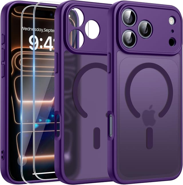 Detalle de FLLAO 3 in 1 Magnetic Case for iPhone 17 Pro Max (Purple) with 2X HD Screen Protector & MagSafe support