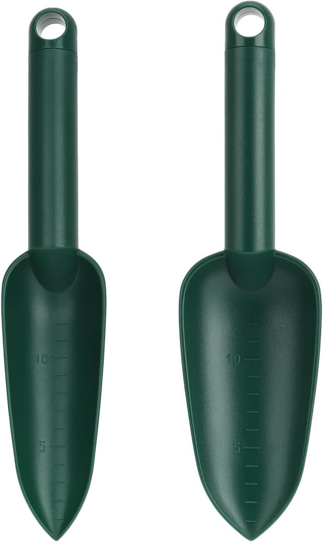 Detalle de COM-FOUR set di attrezzi da giardino in plastica da 4 pezzi: cazzuola lunga e stretta, rastrello e coltivatore