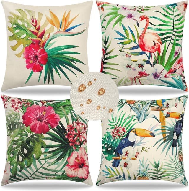 Detalle de Weldomcor Waterproof Cushion Cover Set of 4 (45x45 cm) Tropical Plant Outdoor Throw Covers