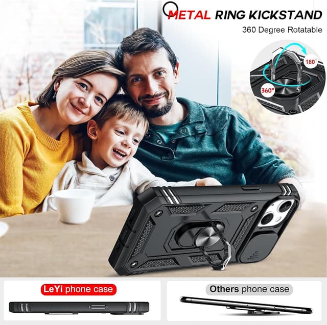 Thumbnail 6 de LeYi Coque iPhone 13 6,1" (compatible 13 / 13 Pro) + 2 verres trempés + anneau support noir