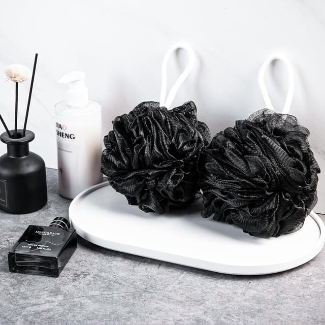 Detalle de MTDLYICE XXL Loofah Sponge XXL-100g, Soft Mesh Shower Puff (Black) — 4-Pack