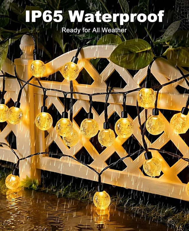 Detalle 2 de btfarm 15 m Solar-Lichterkette mit 50 LED (Kristallkugeln) für außen – 8 Modi, warmweiß, IP65