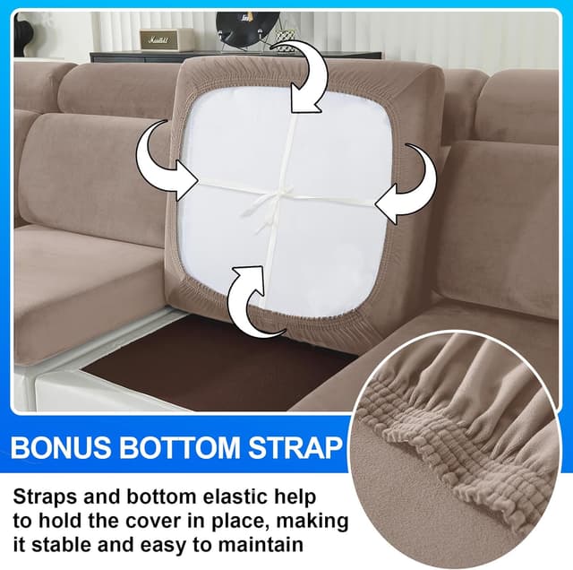 Detalle de Housse de coussin de canapé extensible en velours CYCMACO (1 place x 3) – kaki, antidérapante