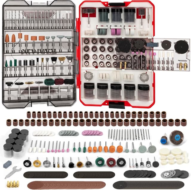 Detalle de EZUVITA 618PCS Rotary Tool Accessories Kit (Red) with Portable Storage Case – Universal fit for Dremel-style tools