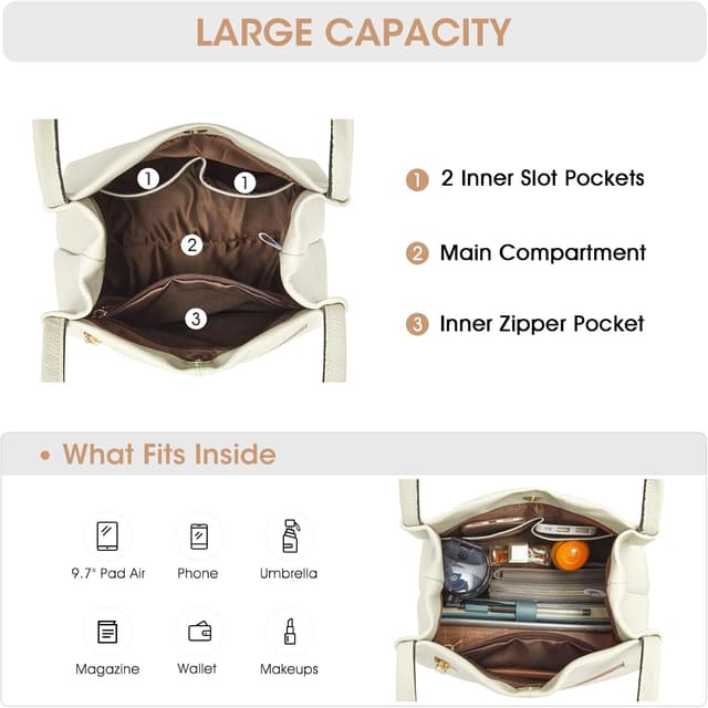 Detalle 2 de Kattee Genuine Leather Shoulder Tote Bag with Magnetic Closure (fits 9.7-inch tablet)