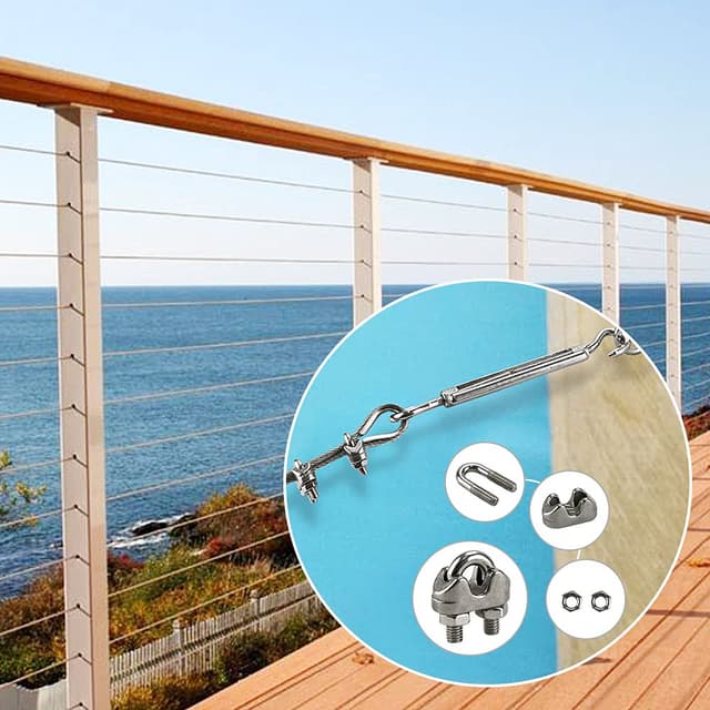 Detalle 2 de Edelstahl-Drahtseil-Kletterhilfe-Set 20 m mit Spannschloss M5, Haken/Öse und Drahtseilzubehör