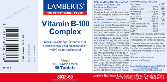 Detalle 2 de Lamberts B-100 Complejo de vitaminas B, 60 tabletas 💊