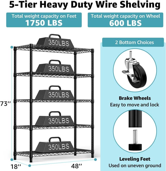 Detalle de M MZG steel storage shelving 5-tier utility rack with wheels (45 x 120 x 192cm)