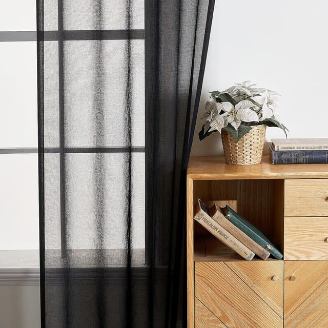 Detalle 2 de EMEMA 2er-Set Sheer Voile-Gardinen mit Ösen, transparent, 140 x 225 cm (B x H), Schwarz