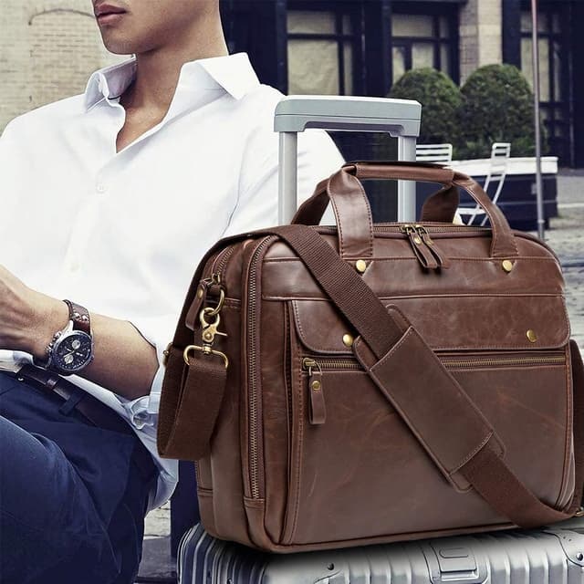 Detalle de 15.6 Inch PU Leather Briefcase for Men – Waterproof Retro Business Laptop Bag (Messenger/Travel)