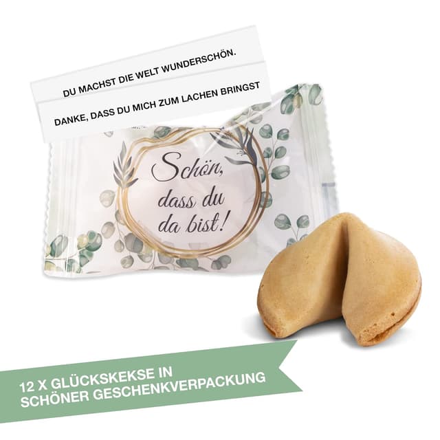 Detalle 2 de FOOD crew 12x Glückskekse „Schön dass du da bist“ – einzeln verpackt, vegan (Gastgeschenk Hochzeit & Kommunion)