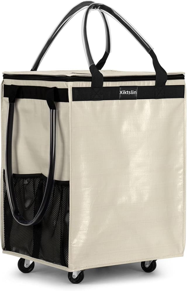Detalle de (Medium, Beige) Reusable Grocery Bag on 4 Wheels Rolling Tote — Foldable Zip-Top Wheeled Shopping Cart Bag