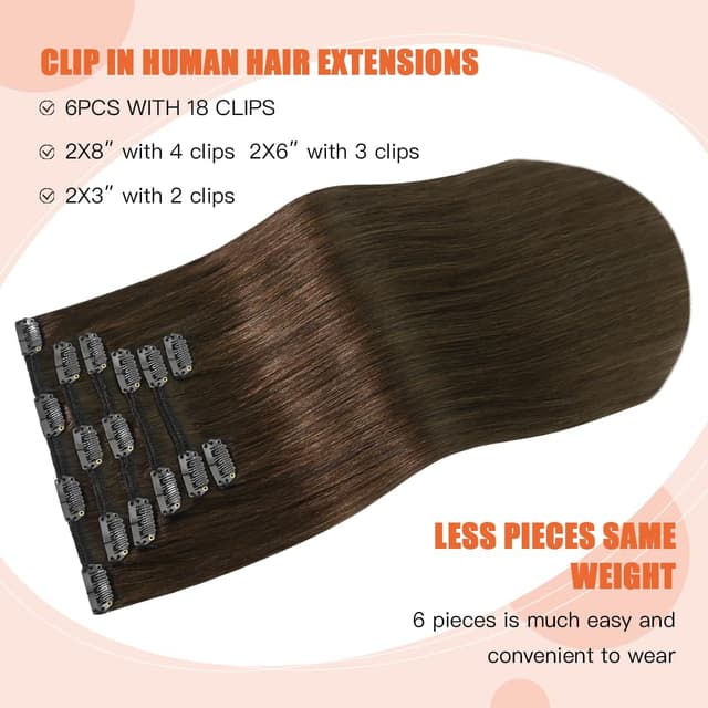 Detalle de UGOTRAYS Medium Brown Clip-In Hair Extensions (Real Human Hair), 7pcs/70g, 18-inch